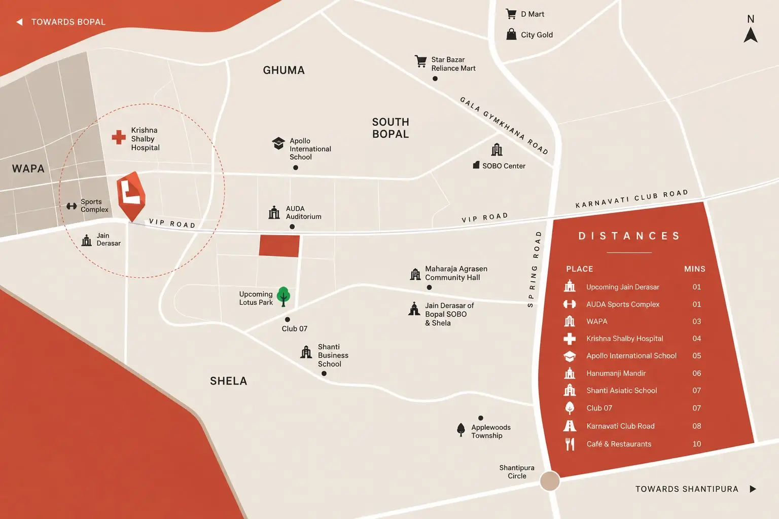 Location map of Rudra Ektva in Shela, Ahmedabad, with nearby roads and landmarks as shown on the project map.