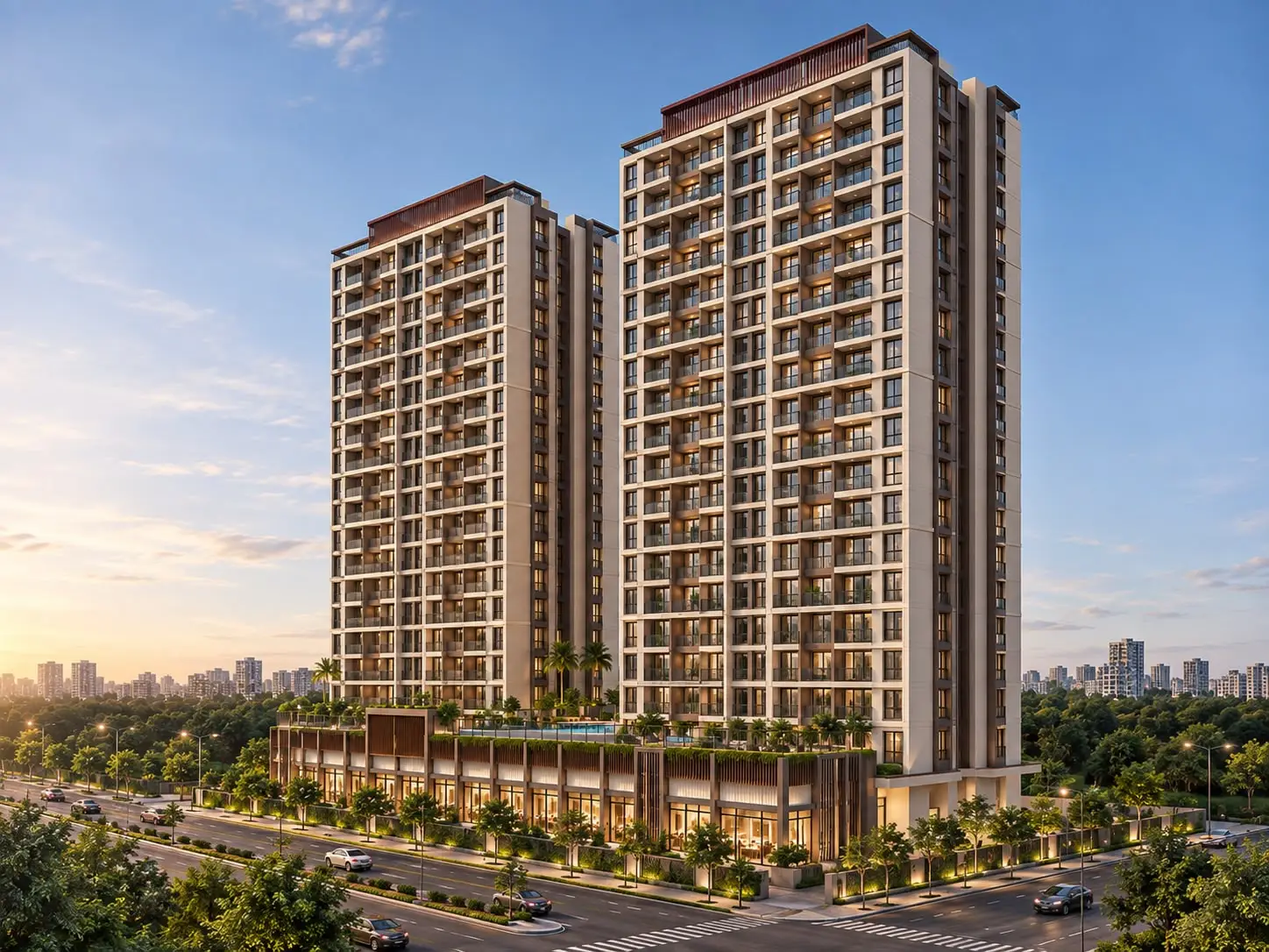 Artistic impression of the Rudra Ektva twin residential towers at dusk, rising above a landscaped two-storey retail podium on a corner plot.
